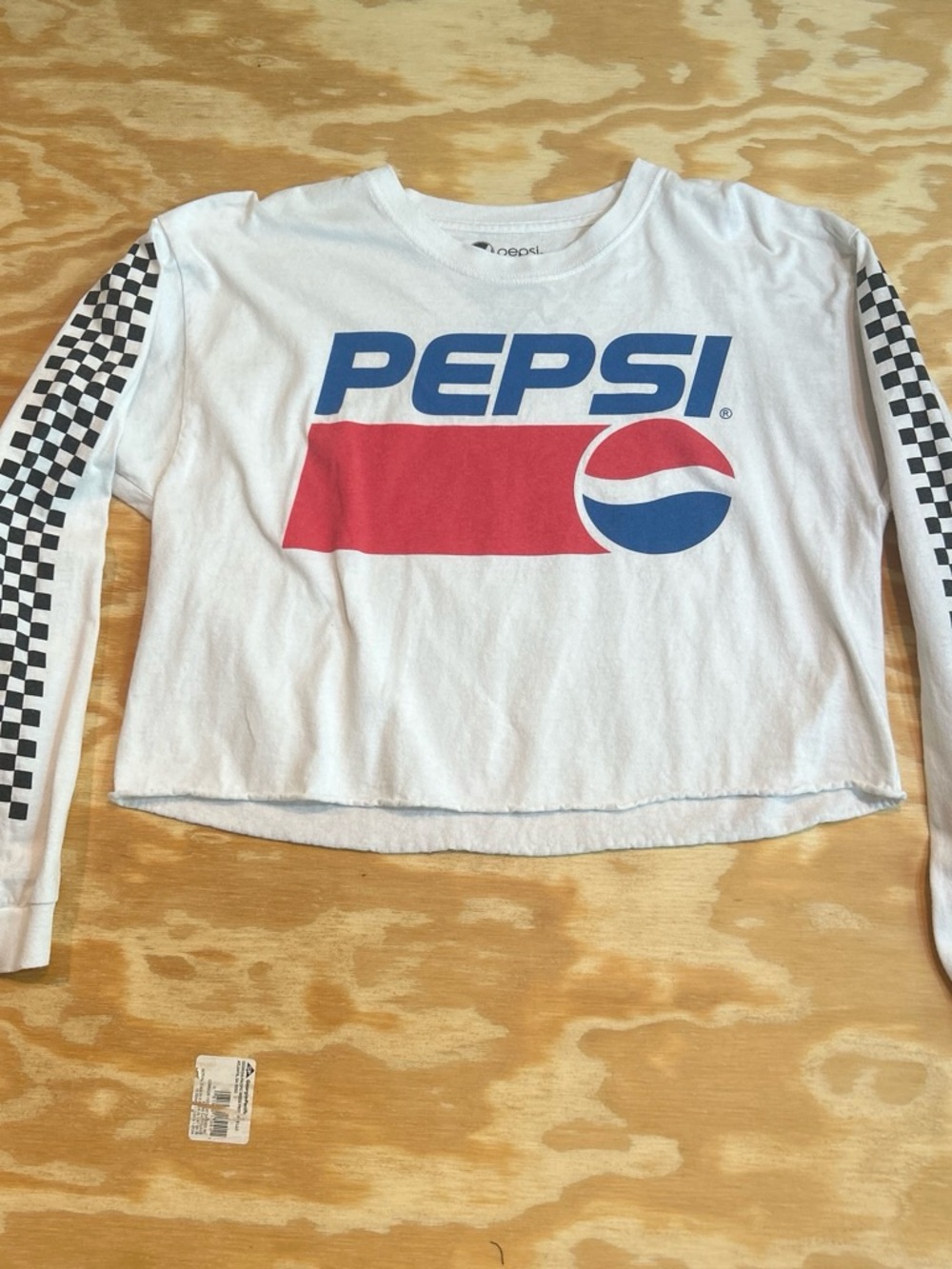 Pepsi White Long Sleeve Crop Top Tee with Checkerboard Sleeves Size L